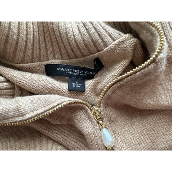 Marc New York Camel Zip-Up Sweater With Ribbed Collar & Pearl Zipper Pull Large - Picture 5 of 5